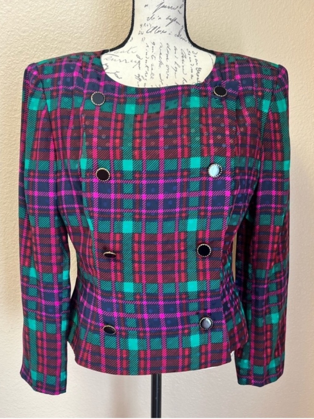 Talbots Vintage Double Breasted Crop 100% Silk Plaid/Polka Dot Blazer Size 16
